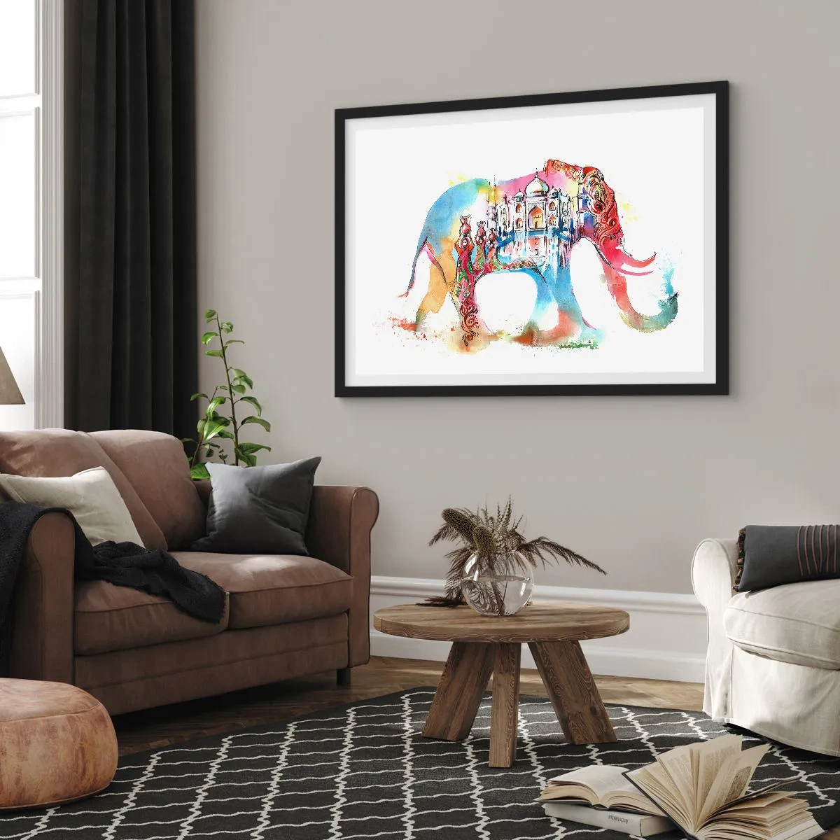 Poster in einem schwarzem Rahmen - Farbenfrohes Aquarell eines Elefanten mit Taj Mahal-Motiv - 70x50cm - Indien – die Aura der Liebe - Moderne Wanddekoration für Wohnzimmer und Schlafzimmer ARTTOR