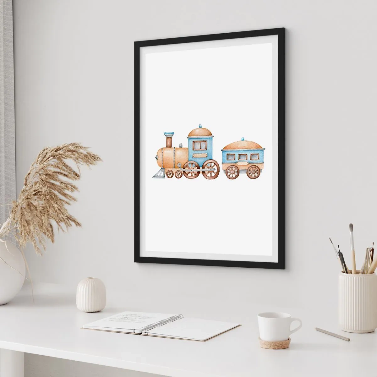 Poster in einem schwarzem Rahmen - Aquarellzug in Blau- und Beigetönen - 50x70cm - Am Bahnhof steht ... - Moderne Wanddekoration für Wohnzimmer und Schlafzimmer ARTTOR