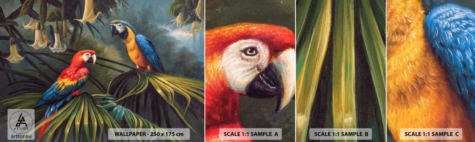 Fototapeten Muster Selbstklebend Deluxe Sticker - Romantik in den Tropen - Ara-Papagei, Tiere, Tropenwald - 100x30 cm