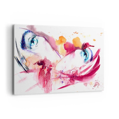 Bild auf Leinwand - Leinwandbild - Ein abstraktes Gesicht mit ausdrucksstarken Augen und roten Akzenten. - 100x70cm - Die Welt gedeiht in der Nähe - Moderne Wanddekoration für Wohnzimmer und Schlafzimmer ARTTOR