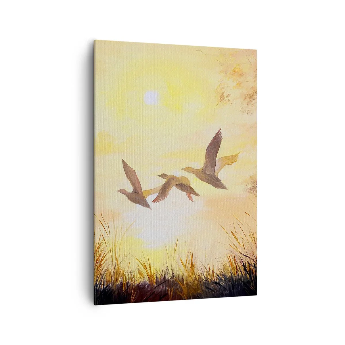 Bild auf Leinwand - Leinwandbild - Enten fliegen bei Sonnenaufgang über den See - 70x100cm - Der Beginn einer langen Reise - Moderne Wanddekoration für Wohnzimmer und Schlafzimmer ARTTOR