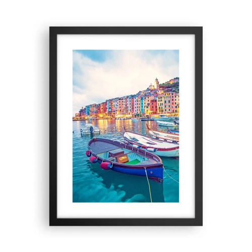 Poster in einem schwarzem Rahmen - Bunter Abend im Hafen - 30x40 cm