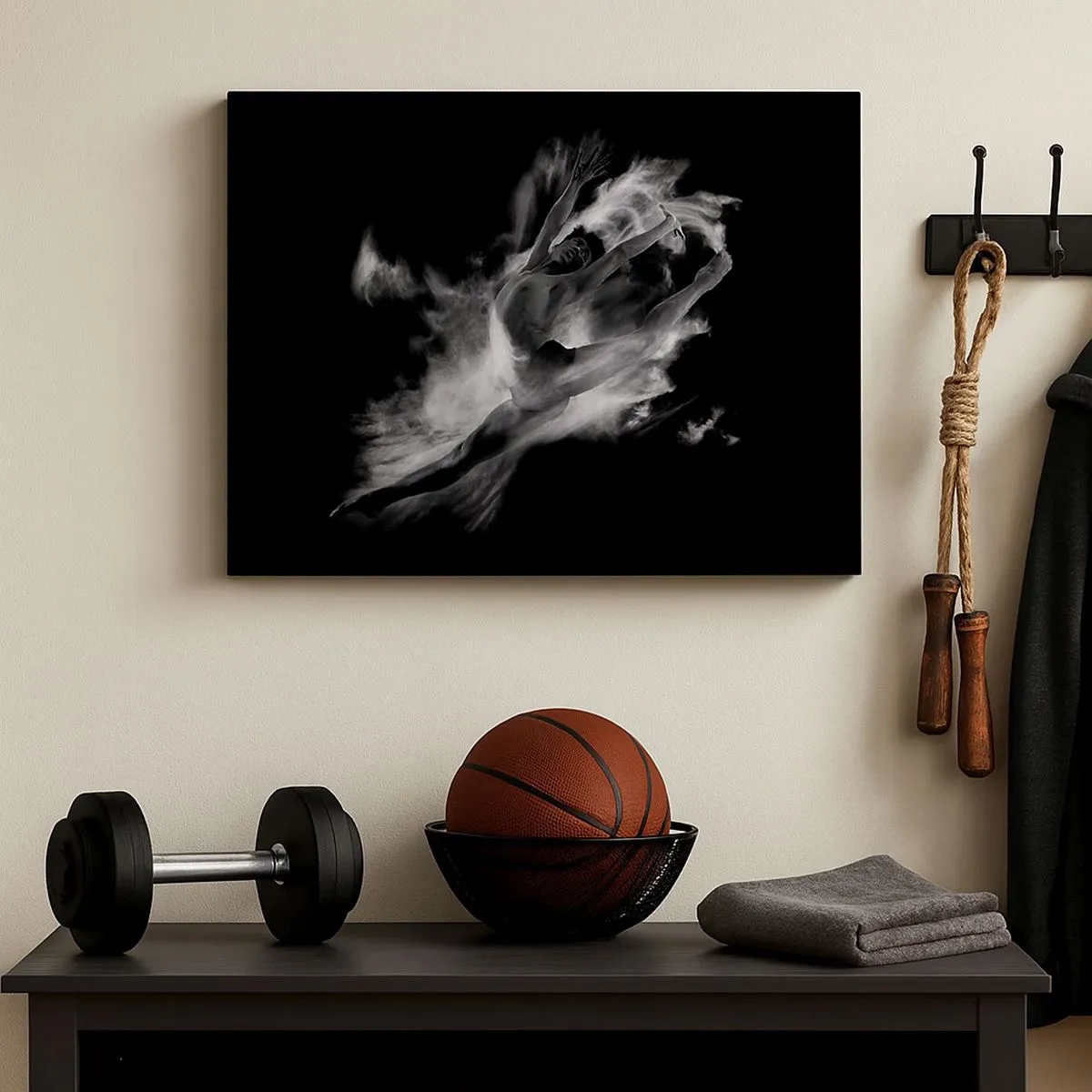 Bild auf Leinwand - Leinwandbild - Eine Tänzerin in dynamischer Pose vor schwarzem Hintergrund - 70x50cm - Im Flug hängen geblieben - Moderne Wanddekoration für Wohnzimmer und Schlafzimmer ARTTOR