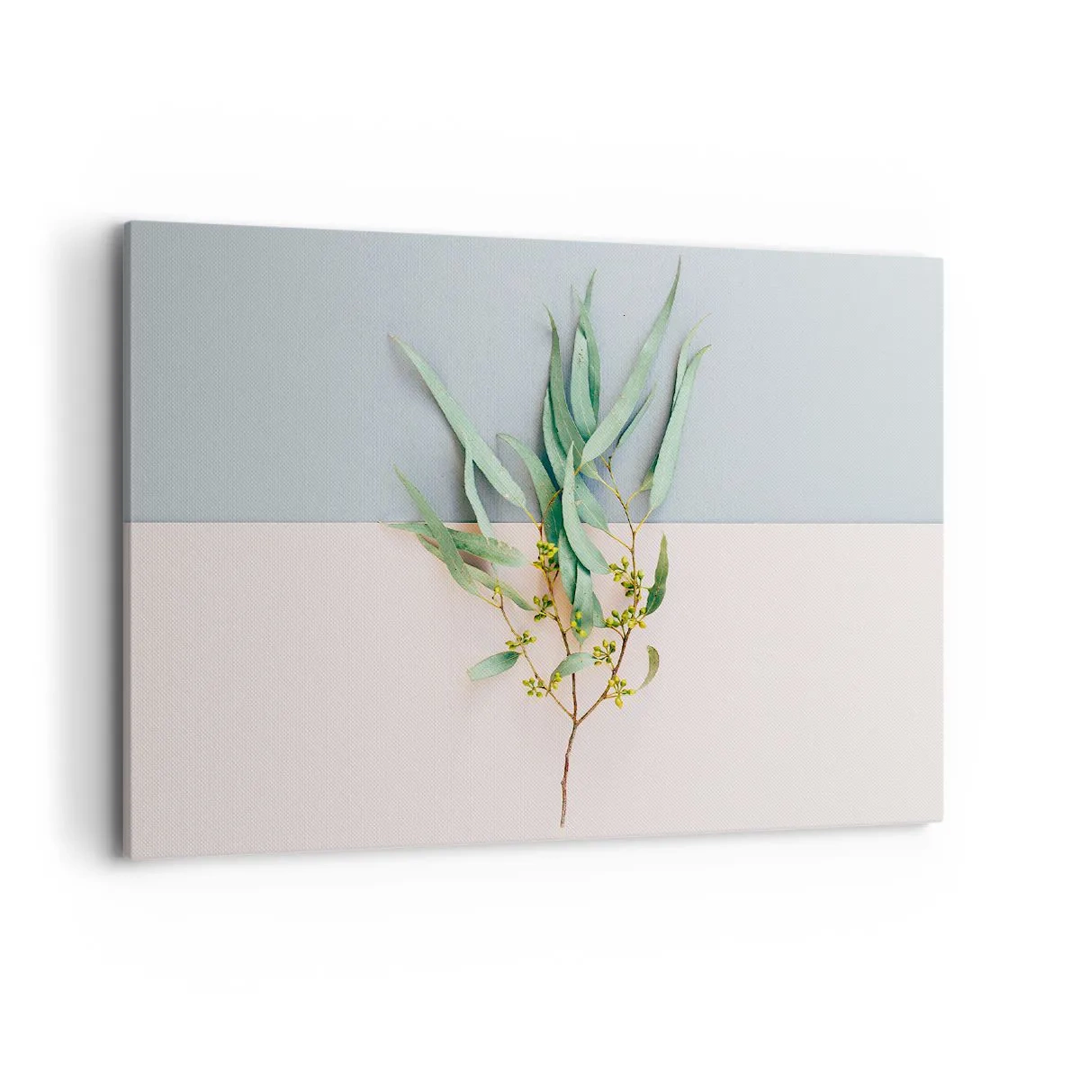 Bild auf Leinwand - Leinwandbild - Ein Zweig mit Blättern auf einem Hintergrund in Pastelltönen - 100x70cm - Pastellige Subtilität - Moderne Wanddekoration für Wohnzimmer und Schlafzimmer ARTTOR