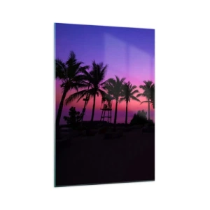 Glasbild - Bild auf glas - Silhouetten von Palmen vor einem rosa-violetten Sonnenuntergangshimmel - 70x100cm - Abend unter Palmen - Moderne Wanddekoration für Wohnzimmer und Schlafzimmer ARTTOR