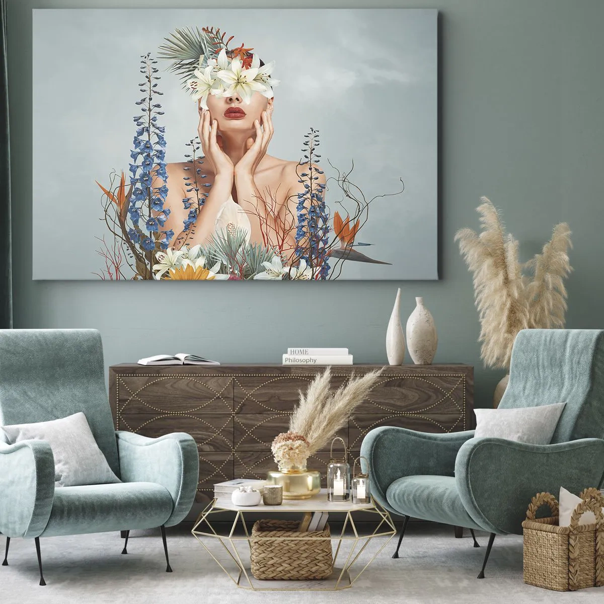Bild auf Leinwand - Leinwandbild - Frauenporträt mit floralem Motiv vor blauem Hintergrund - 70x50cm - Frau - Blume - Moderne Wanddekoration für Wohnzimmer und Schlafzimmer ARTTOR