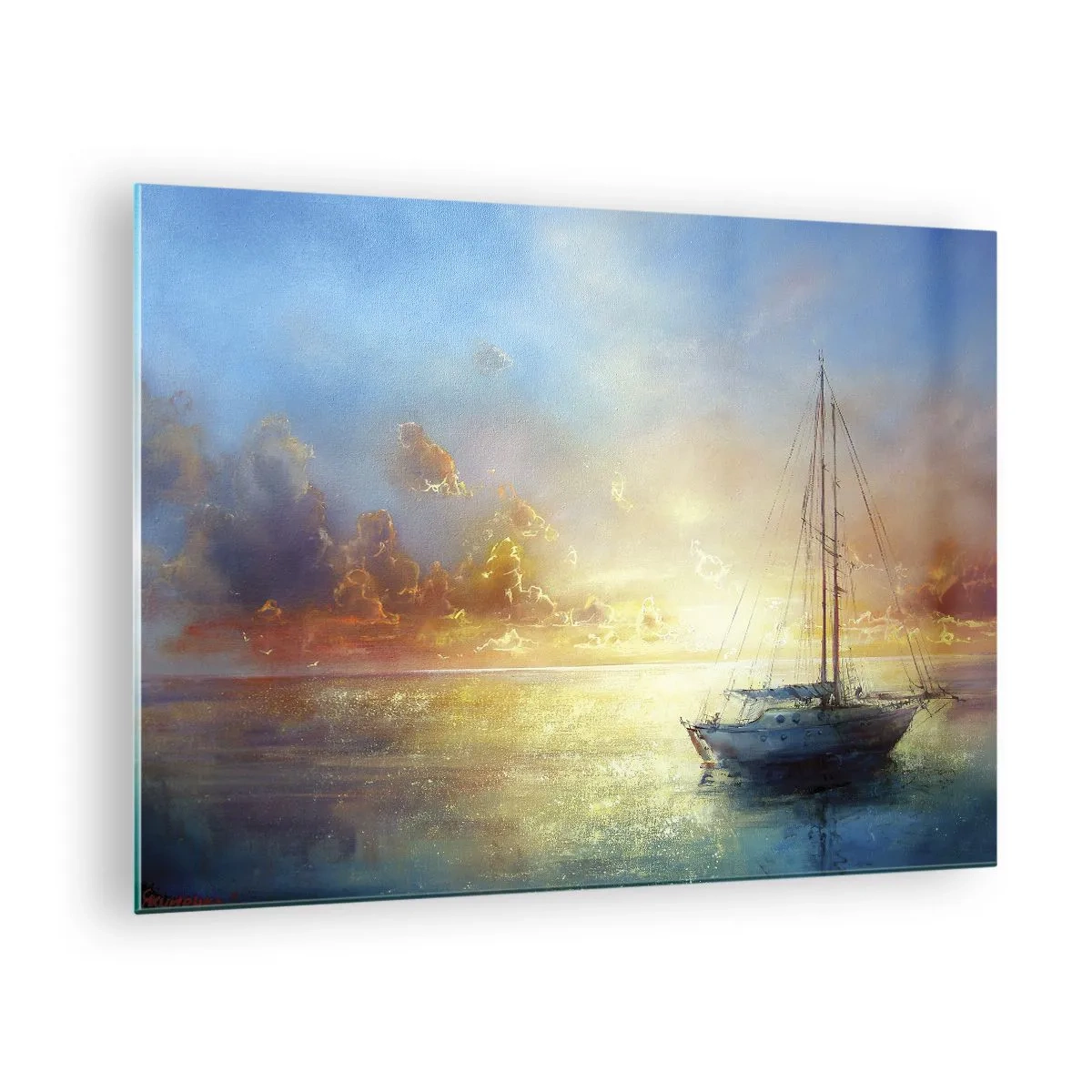 Glasbild - Bild auf glas - Ein Segelboot auf ruhiger See bei einem goldenen Sonnenuntergang - 70x50cm - In einer goldenen Bucht - Moderne Wanddekoration für Wohnzimmer und Schlafzimmer ARTTOR