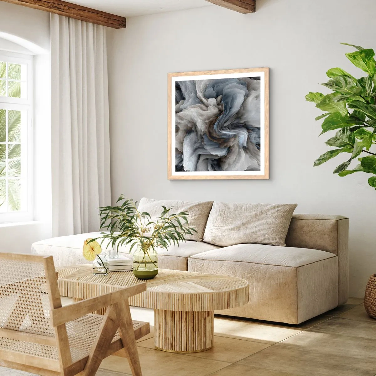 Poster in einem Rahmen aus heller Eiche - Stein und Blume - 30x30 cm