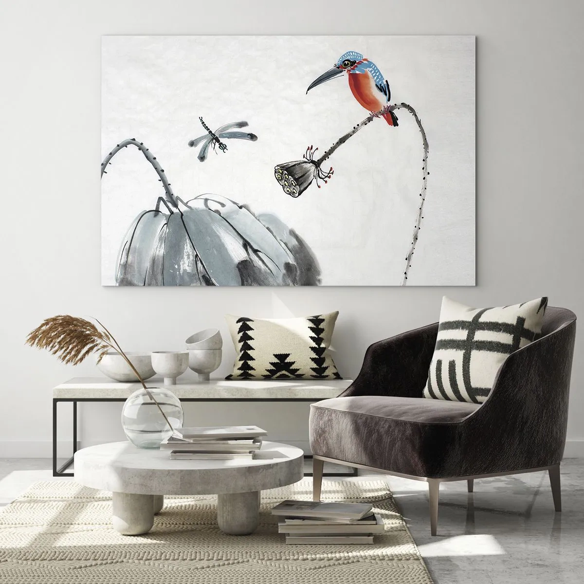 Glasbild - Bild auf glas - Illustration eines bunten Vogels und einer Libelle vor einem Hintergrund aus Vegetation - 120x80cm - Das Leben der Wiese - Moderne Wanddekoration für Wohnzimmer und Schlafzimmer ARTTOR