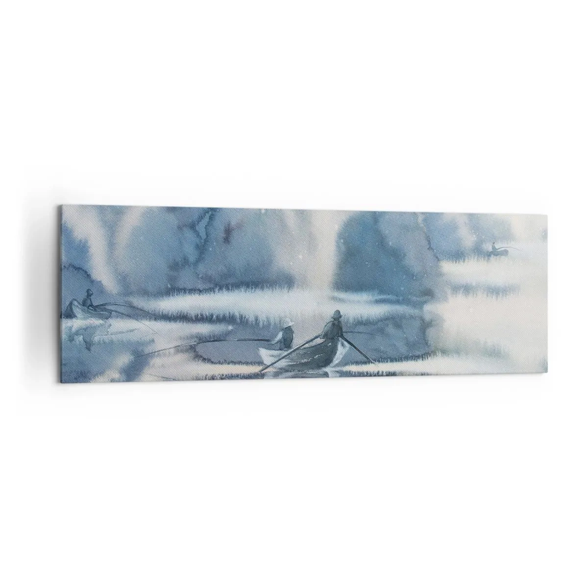 Bild auf Leinwand - Leinwandbild - Aquarelllandschaft mit Booten auf einem See, umgeben von einem nebligen Wald - 160x50cm - Angler in ihrem Paradies - Moderne Wanddekoration für Wohnzimmer und Schlafzimmer ARTTOR