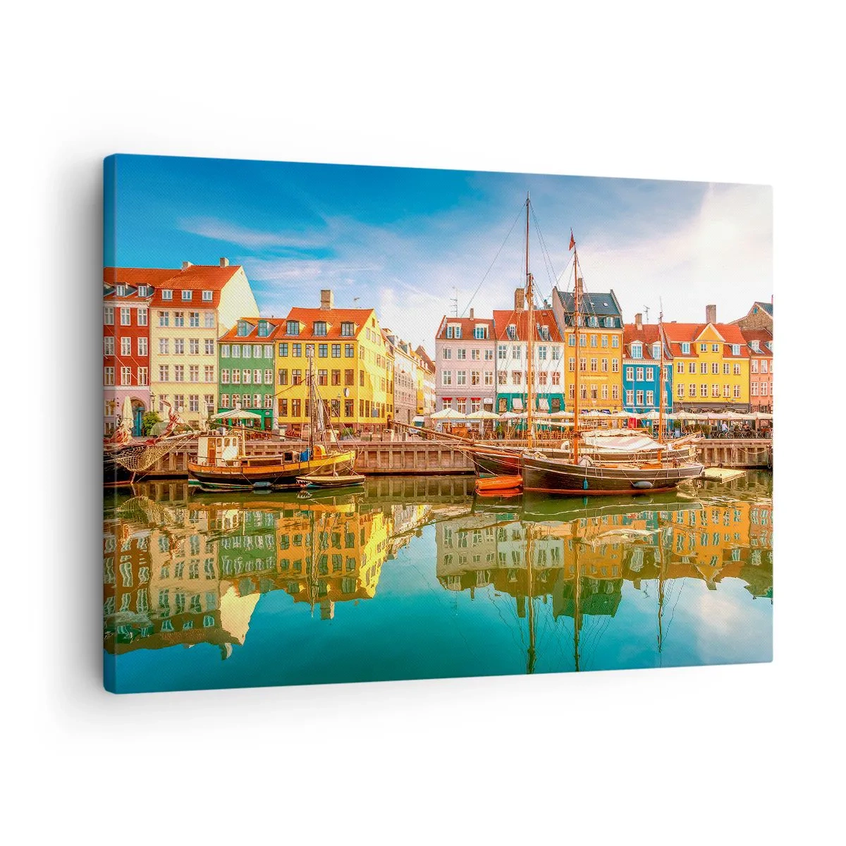 Bild auf Leinwand - Leinwandbild - Bunte Grachtenhäuser in Kopenhagen - 70x50cm - Glatt wie ein Spiegel über dem Wasser - Moderne Wanddekoration für Wohnzimmer und Schlafzimmer ARTTOR