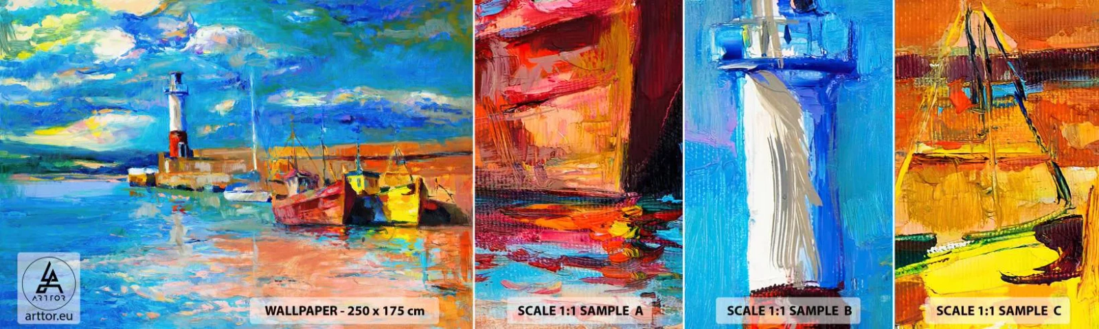 Fototapeten Muster Selbstklebend Deluxe Sticker - Ein Nachmittag in der Regenbogenbucht - Fischerhafen, Fischerboot, Leuchtturm - 100x30 cm