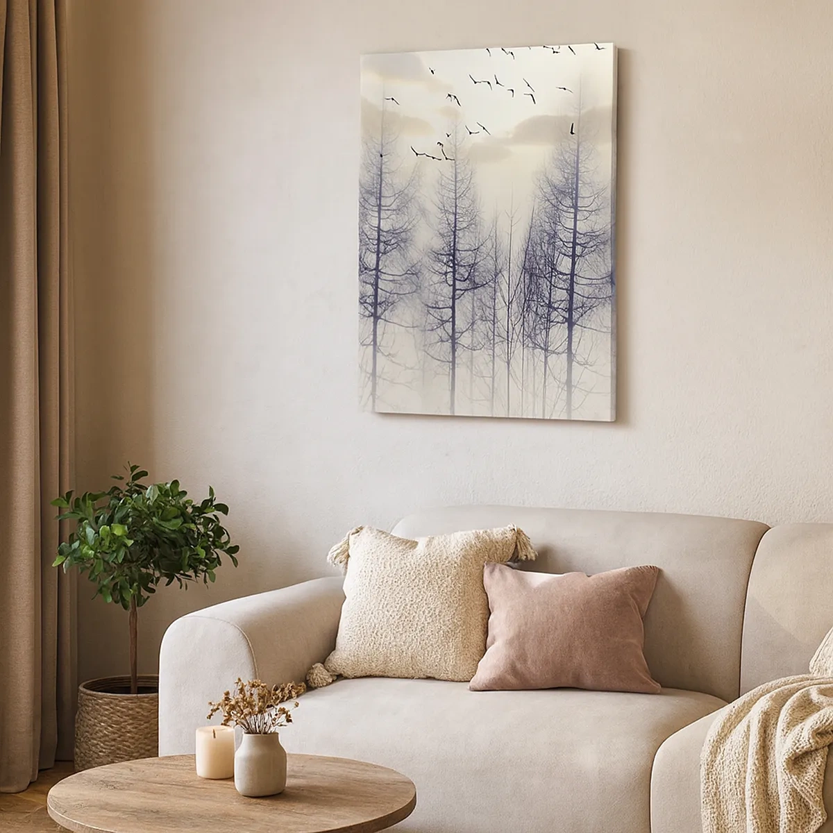 Bild auf Leinwand - Leinwandbild - Nebliger Wald mit Vögeln vor dem Sonnenuntergangshimmel - 50x70cm - Waldgeister - Moderne Wanddekoration für Wohnzimmer und Schlafzimmer ARTTOR