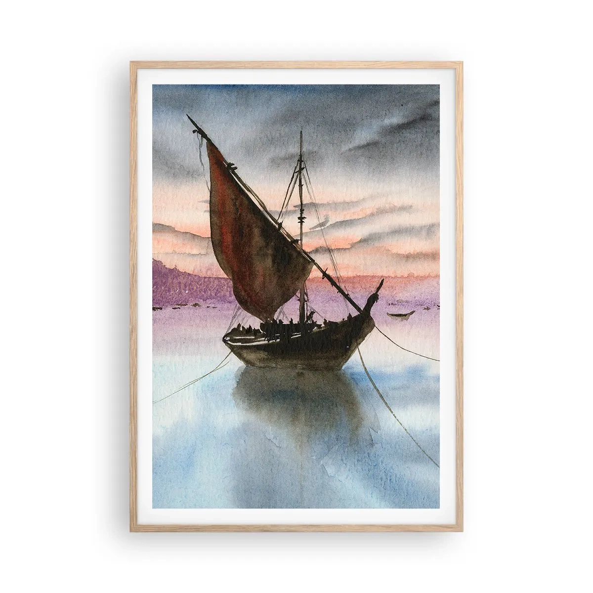Poster in einem Rahmen aus heller Eiche - Abend am Hafen - 70x100 cm