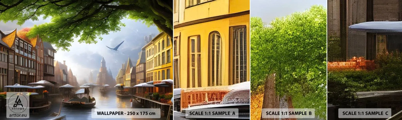 Fototapetenmuster Standard Eco - Niederländisches Stadtbild - Alte Stadt, Boote, Kanal - 100x30 cm