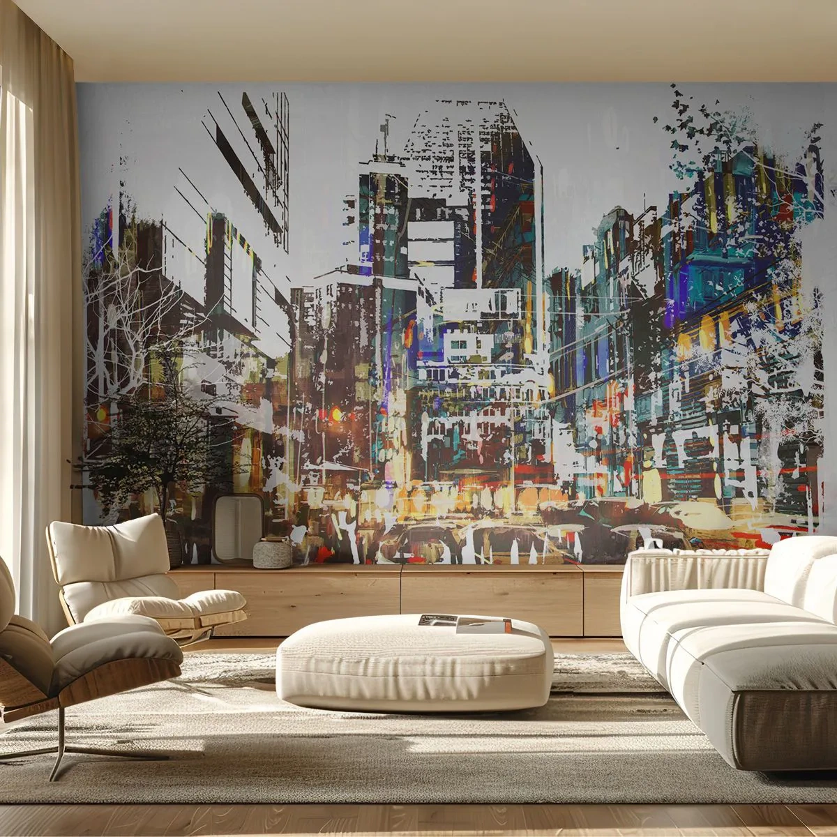 Fototapete Premium Sand - Moderne Abstraktion der Stadt in Weiß und Farbe - 100x70cm - Eine schillernde Stadt - Moderne Wanddekoration für Wohnzimmer und Schlafzimmer ARTTOR