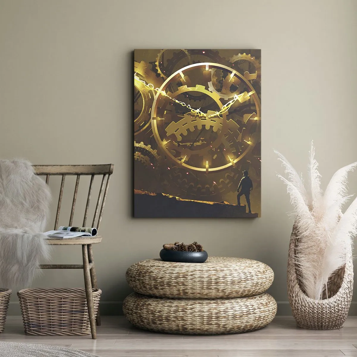Bild auf Leinwand - Leinwandbild - Goldene Zahnräder in einer surrealen Umgebung mit einer Figur - 70x100cm - An der Quelle der Zeit - Moderne Wanddekoration für Wohnzimmer und Schlafzimmer ARTTOR
