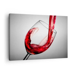 Bild auf Leinwand - Leinwandbild - Ein Glas Rotwein wird vor hellem Hintergrund eingeschenkt - 70x50cm - Farbe – Bewegung – Klang - Moderne Wanddekoration für Wohnzimmer und Schlafzimmer ARTTOR