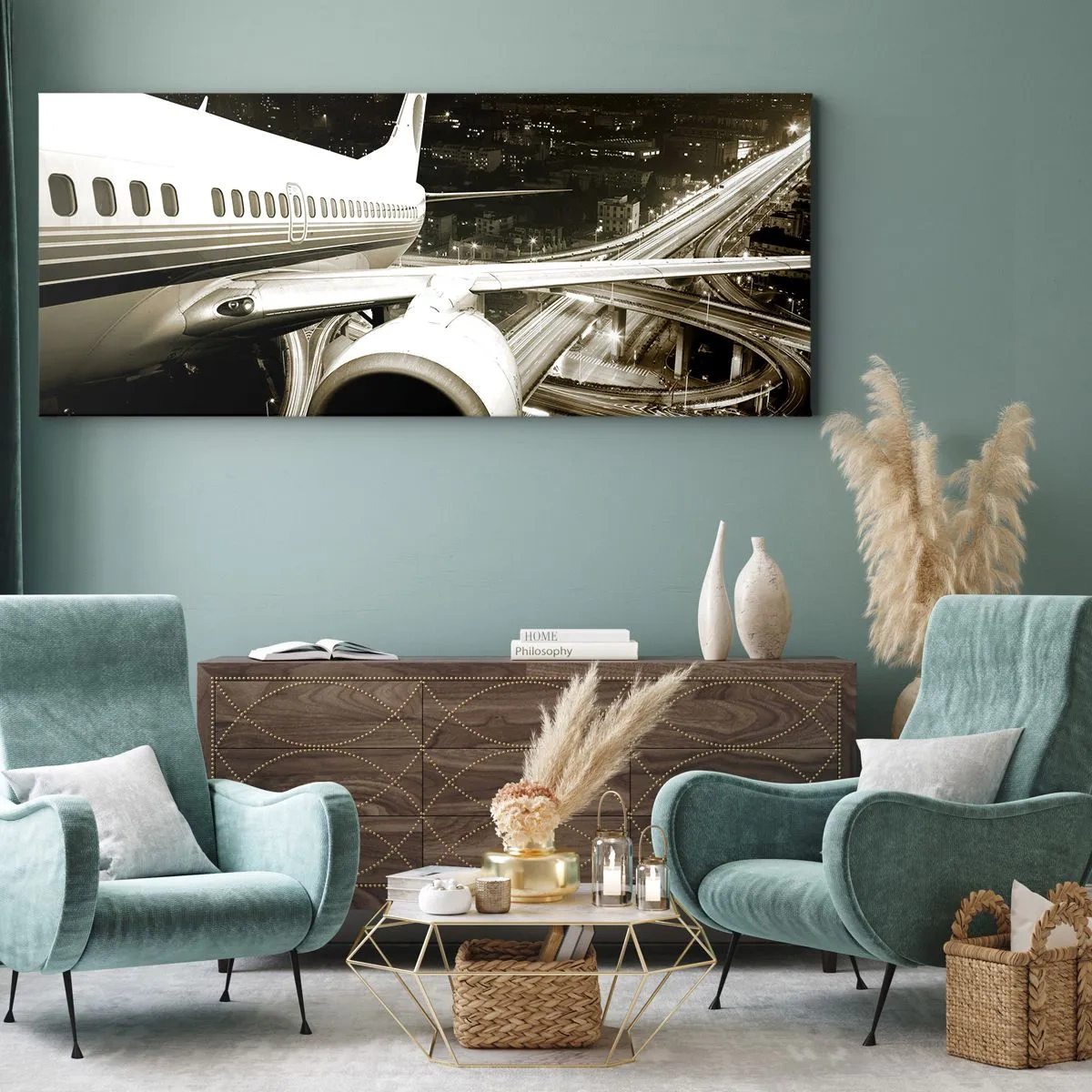 Bild auf Leinwand - Leinwandbild - Ein Flugzeug über einer nächtlichen Stadt mit beleuchteten Autobahnen - 160x50cm - In die Nacht fliegen - Moderne Wanddekoration für Wohnzimmer und Schlafzimmer ARTTOR