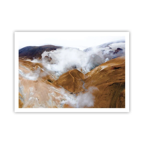 Poster - Eine Berglandschaft mit Dampf in einem rauen Klima - 100x70cm - Islands rohe Schönheit - Moderne Wanddekoration für Wohnzimmer und Schlafzimmer ARTTOR