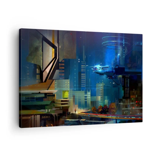 Bild auf Leinwand - Leinwandbild - Futuristische Stadt bei Nacht mit Neonlichtern und einem fliegenden Fahrzeug - 70x50cm - In naher Zukunft - Moderne Wanddekoration für Wohnzimmer und Schlafzimmer ARTTOR