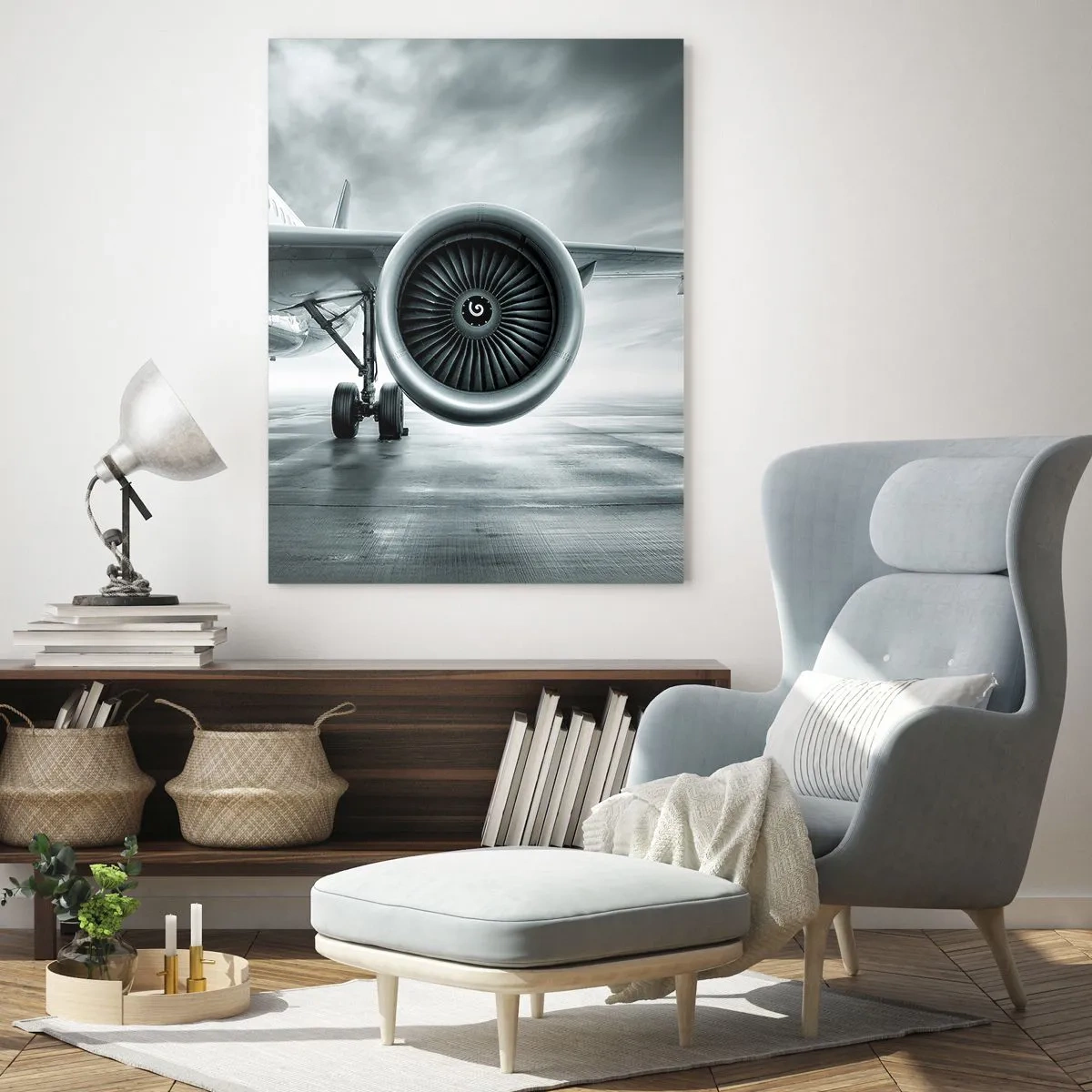 Glasbild - Bild auf glas - Die Turbine eines Passagierflugzeugs auf der Landebahn im Morgengrauen - 50x70cm - Die Macht ist da! - Moderne Wanddekoration für Wohnzimmer und Schlafzimmer ARTTOR