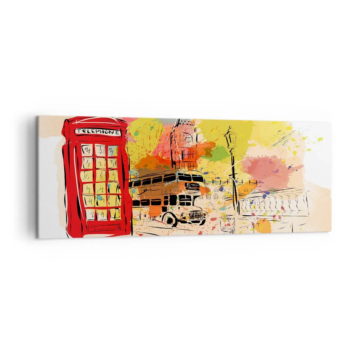 Bild auf Leinwand - Leinwandbild - London-Thema mit rotem Bus und Stand - 140x50cm - Die Stadt der Vielfalt - Moderne Wanddekoration für Wohnzimmer und Schlafzimmer ARTTOR
