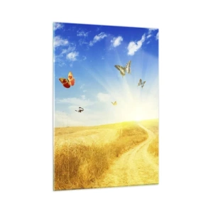 Glasbild - Bild auf glas - Schmetterlinge schweben bei Sonnenaufgang über einer unbefestigten Straße - 50x70cm - Und wie kann man den Sommer nicht lieben? - Moderne Wanddekoration für Wohnzimmer und Schlafzimmer ARTTOR