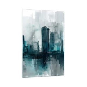 Glasbild - Bild auf glas - Eine moderne Stadt in Türkis- und Grautönen - 70x100cm - Eine Stadt in der Farbe des Regens - Moderne Wanddekoration für Wohnzimmer und Schlafzimmer ARTTOR