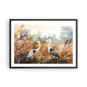 Poster in einem schwarzem Rahmen - Zwei Reiher vor dem Hintergrund einer herbstlichen Landschaft - 70x50cm - Wohin im Herbst? - Moderne Wanddekoration für Wohnzimmer und Schlafzimmer ARTTOR