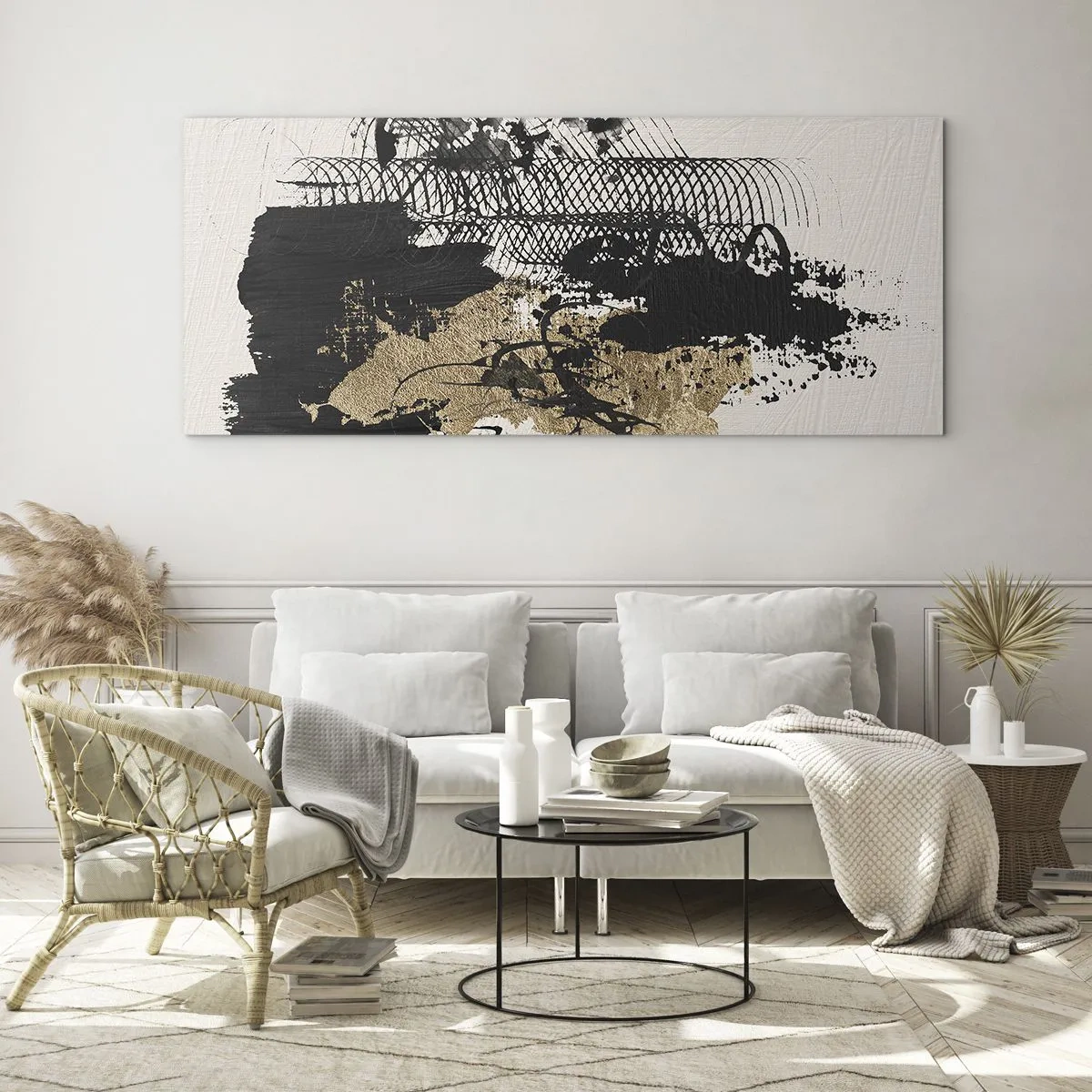 Glasbild - Bild auf glas - Ein abstraktes Gemälde in Schwarz und Gold mit dynamischen Linien und Strukturen. - 140x50cm - Komposition mit Leidenschaft - Moderne Wanddekoration für Wohnzimmer und Schlafzimmer ARTTOR