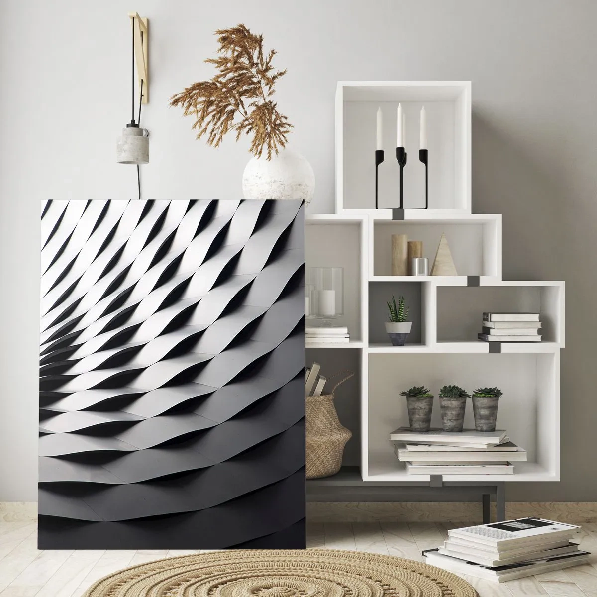 Glasbild - Bild auf glas - Eine abstrakte schwarz-weiße Struktur, die an wellenförmige Formen erinnert. - 50x70cm - Auf der Oberfläche der Wellen - Moderne Wanddekoration für Wohnzimmer und Schlafzimmer ARTTOR