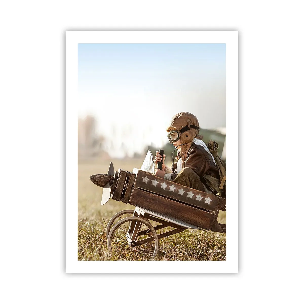 Poster - Ein Kind in einem Holzflugzeug mit Sternen im Hintergrund - 50x70cm - Start in Richtung eines Traums - Moderne Wanddekoration für Wohnzimmer und Schlafzimmer ARTTOR