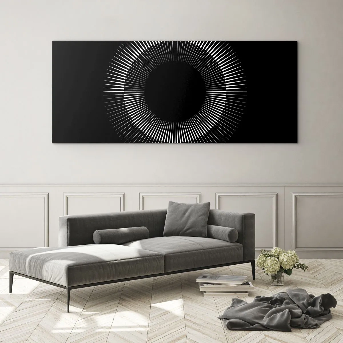 Glasbild - Bild auf glas - Grafischer Kreis mit Strahlen in Schwarz und Weiß - 160x50cm - Schwarze Sonne - Moderne Wanddekoration für Wohnzimmer und Schlafzimmer ARTTOR