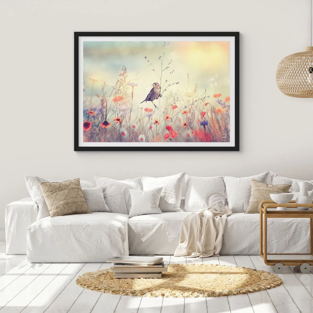 Poster in einem schwarzem Rahmen - Vogelporträt mit einer Wiese im Hintergrund - 50x40 cm