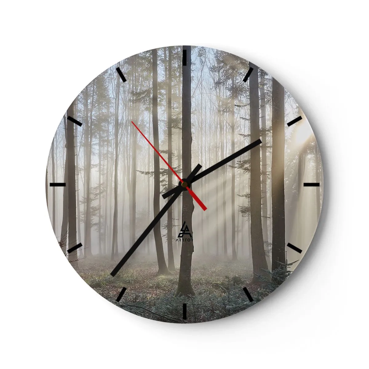 Wanduhr - Glasuhr - Nebel, der durch die Bäume im Wald scheint - 30x30cm - Der Nebel ist auch aufgewacht - Moderne Wanddekoration für Wohnzimmer, Küche und Schlafzimmer ARTTOR