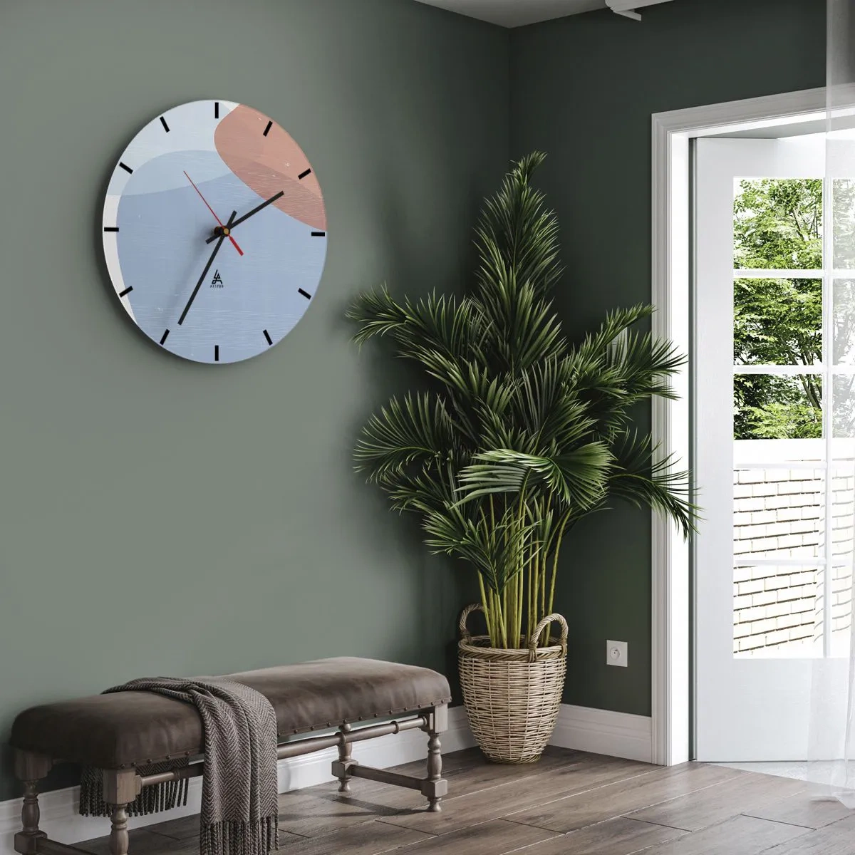 Wanduhr - Glasuhr - Eine abstrakte Form in Blau und Terrakotta auf hellem Hintergrund. - 30x30cm - Pastellbeziehungen - Moderne Wanddekoration für Wohnzimmer, Küche und Schlafzimmer ARTTOR