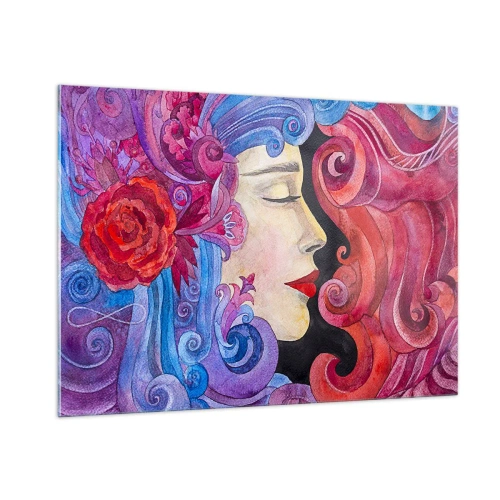 Glasbild - Bild auf glas - Farbenfrohes Frauenporträt im Jugendstil mit reicher Ornamentik - 100x70cm - Der Jugendstil lebt noch - Moderne Wanddekoration für Wohnzimmer und Schlafzimmer ARTTOR