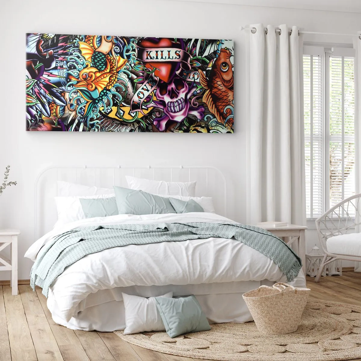 Bild auf Leinwand - Leinwandbild - Farbenfrohe Kunstwerke im Tattoo-Stil mit Totenköpfen und nautischen Motiven - 160x50cm - Der Traum des Tätowierers - Moderne Wanddekoration für Wohnzimmer und Schlafzimmer ARTTOR