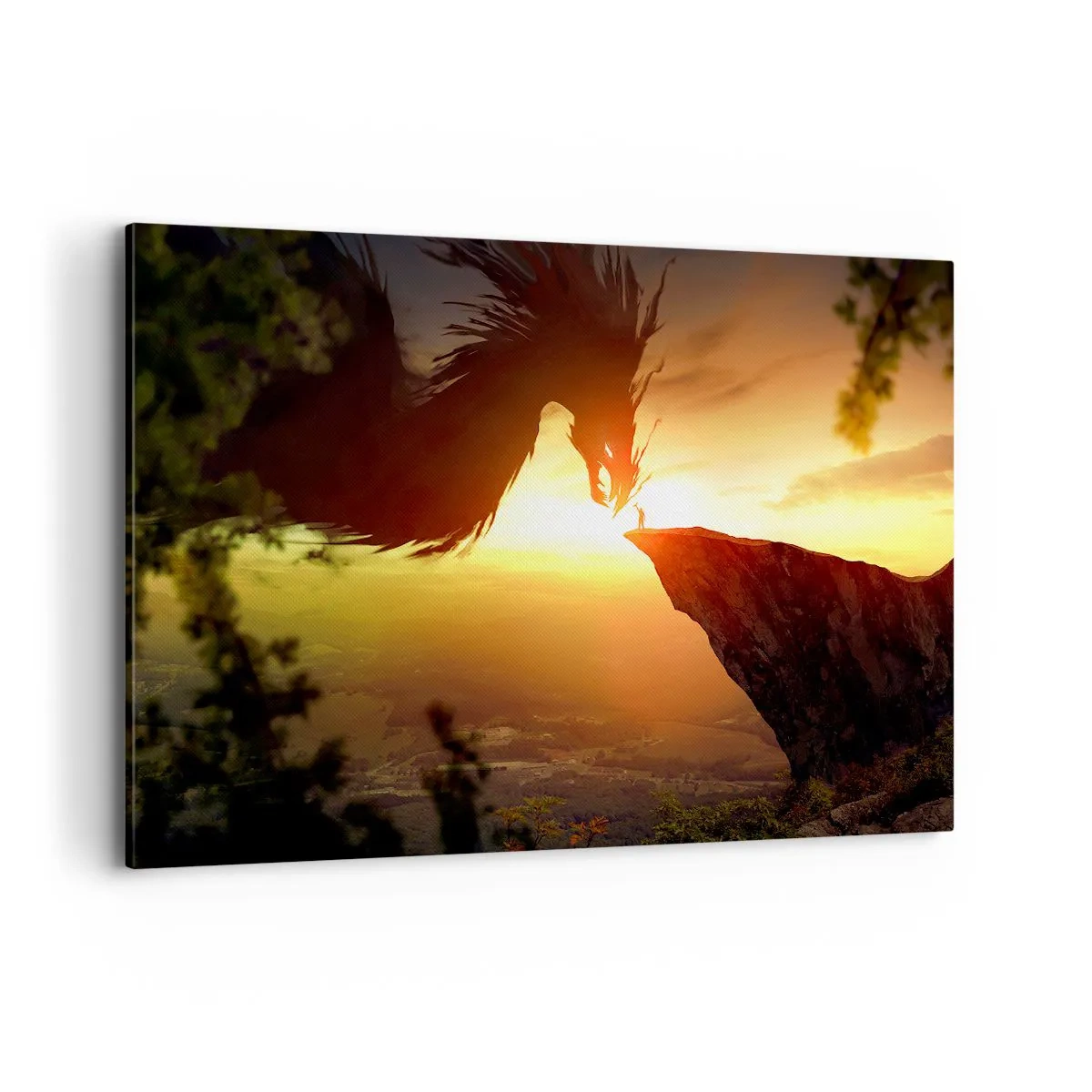 Bild auf Leinwand - Leinwandbild - Ein Drache und ein Mann auf einem Felsen im Schein der untergehenden Sonne - 120x80cm - Drachentöter - Moderne Wanddekoration für Wohnzimmer und Schlafzimmer ARTTOR