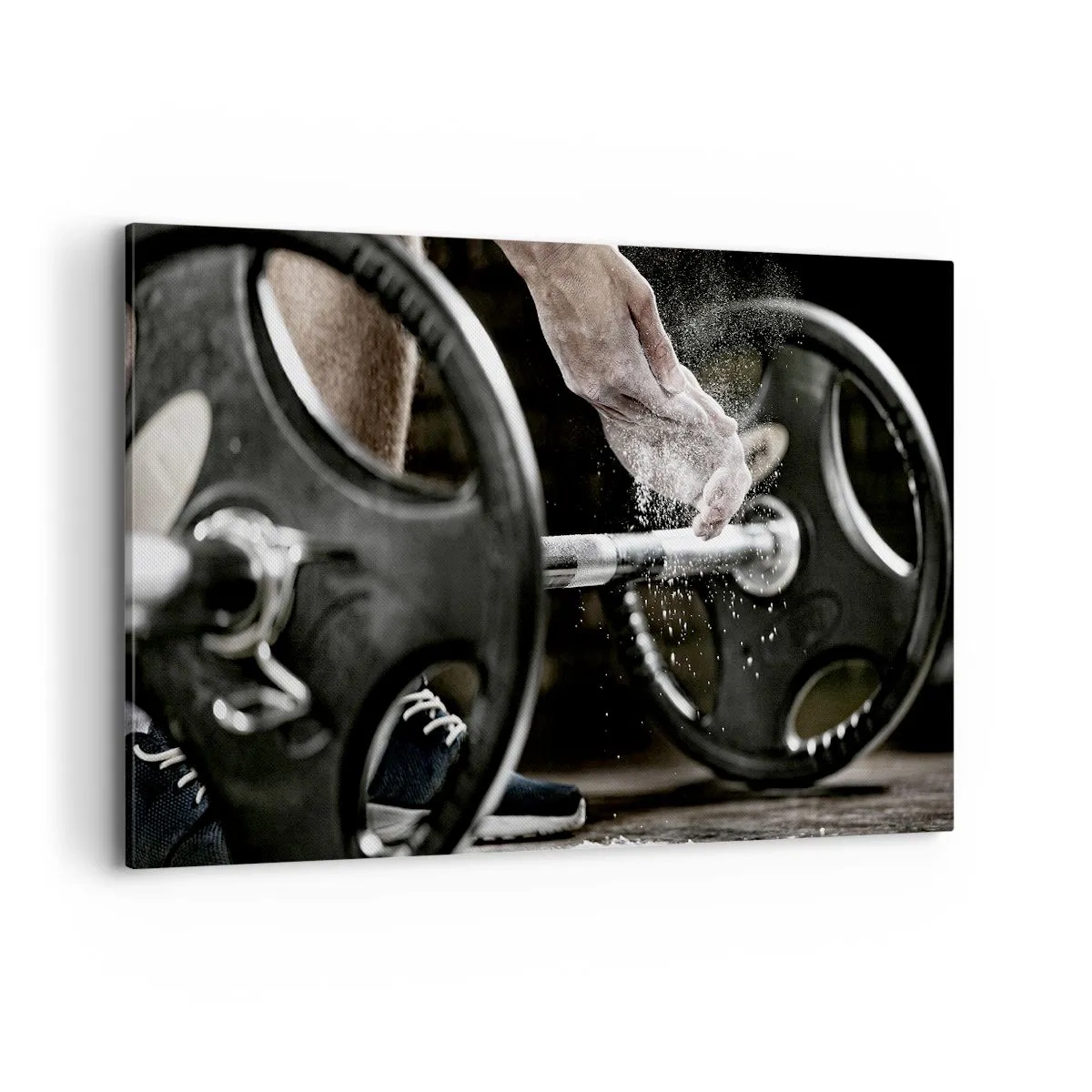 Bild auf Leinwand - Leinwandbild - Hanteln und die Hände eines Sportlers bereiten sich auf das Training vor - 120x80cm - Herausforderung angenommen! - Moderne Wanddekoration für Wohnzimmer und Schlafzimmer ARTTOR