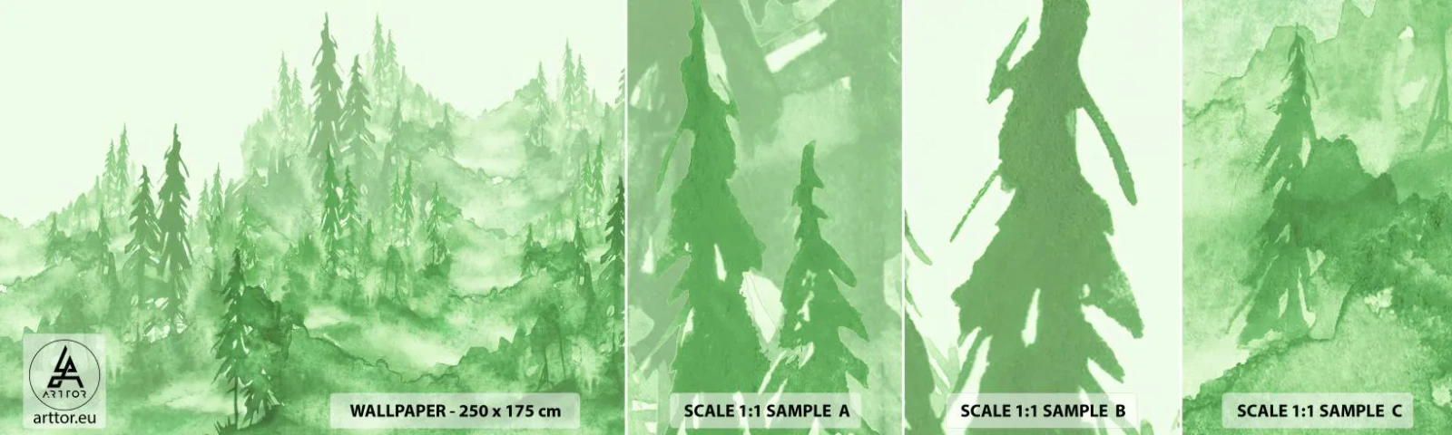 Fototapeten Muster Selbstklebend Deluxe Sticker - Verschwommen mit grünem Nebel - Wald, Grafik, Landschaft - 100x30 cm