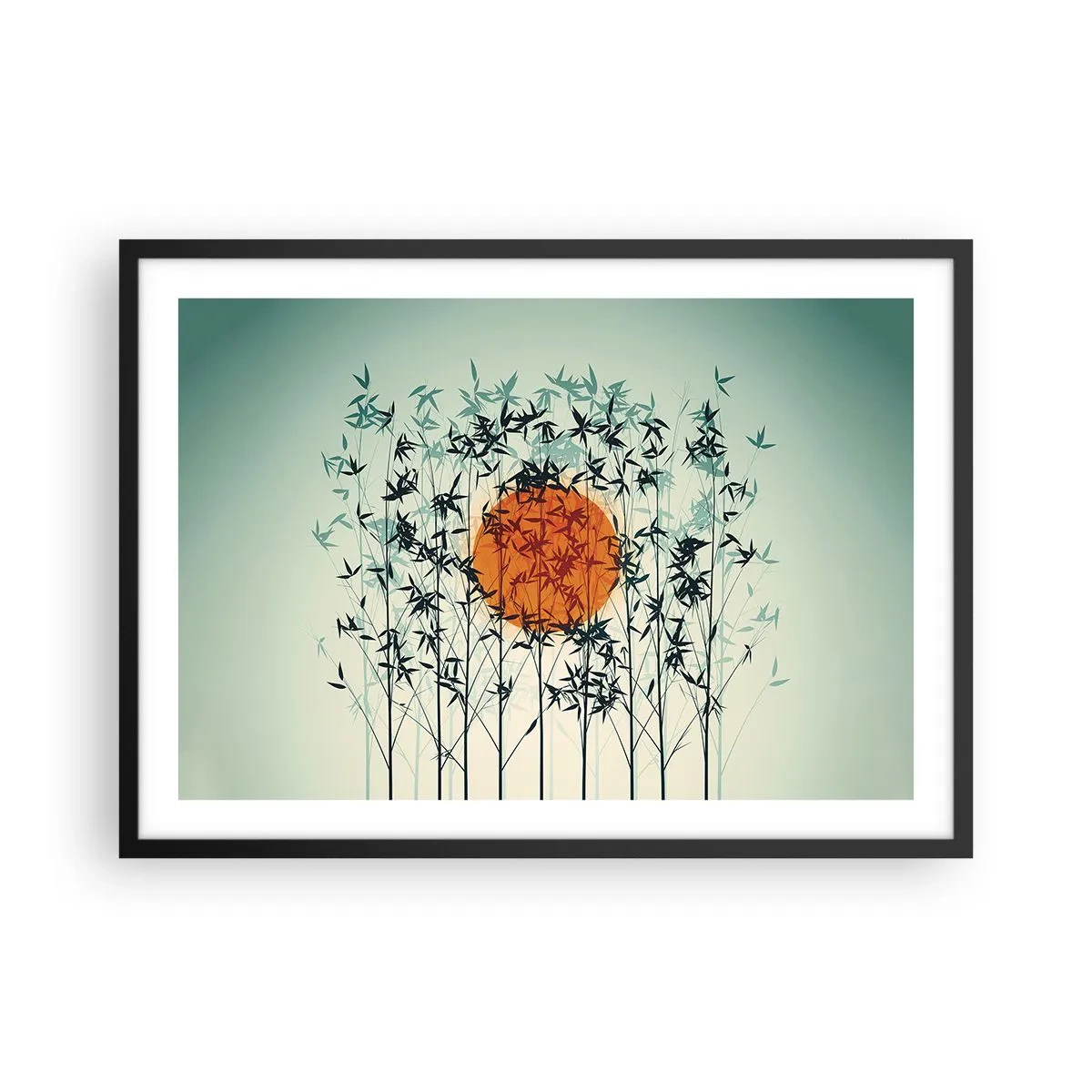 Poster in einem schwarzem Rahmen - Orange Sonne zwischen den Bambuszweigen - 70x50cm - Japanische Sonne - Moderne Wanddekoration für Wohnzimmer und Schlafzimmer ARTTOR