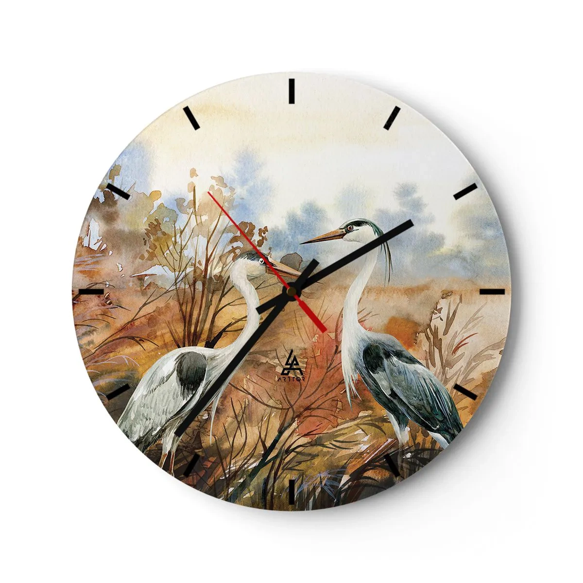 Wanduhr - Glasuhr - Zwei Kraniche in einer herbstlichen Aquarelllandschaft - 30x30cm - Wohin im Herbst? - Moderne Wanddekoration für Wohnzimmer, Küche und Schlafzimmer ARTTOR