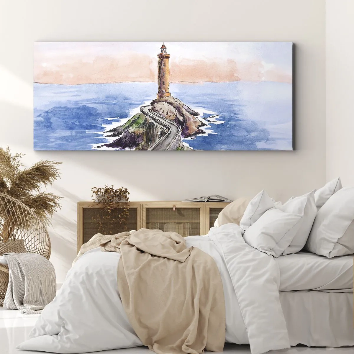 Bild auf Leinwand - Leinwandbild - Ein Leuchtturm an einer felsigen Küste - 140x50cm - Dem Meer zugewandt - Moderne Wanddekoration für Wohnzimmer und Schlafzimmer ARTTOR