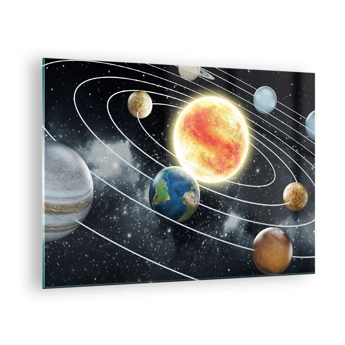 Glasbild - Bild auf glas - Das Sonnensystem mit Planeten und Umlaufbahnen vor dem Hintergrund des Weltraums - 70x50cm - Kosmischer Tanz - Moderne Wanddekoration für Wohnzimmer und Schlafzimmer ARTTOR