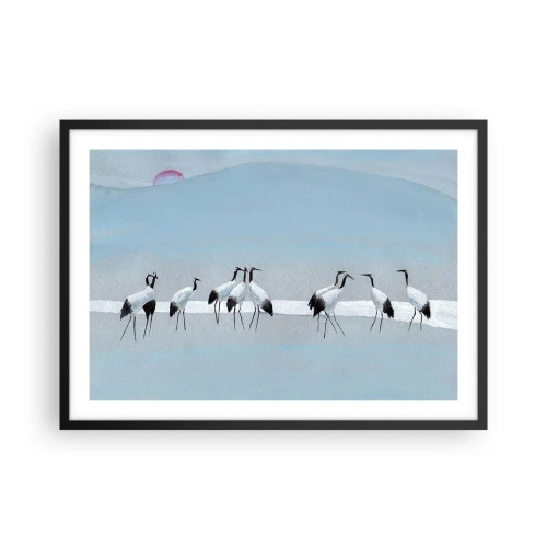 Poster in einem schwarzem Rahmen - Eine Gruppe von Kranichen vor blauem Himmel und der aufgehenden Sonne - 70x50cm - Nach einem heißen Tag - Moderne Wanddekoration für Wohnzimmer und Schlafzimmer ARTTOR