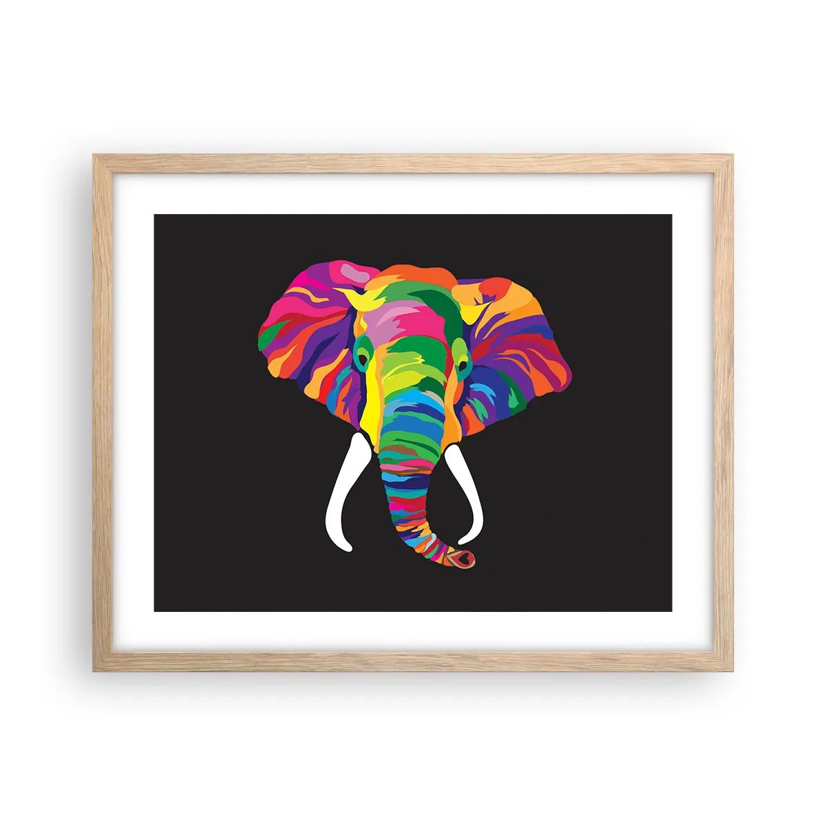 Poster in einem Rahmen aus heller Eiche - Der Elefant, der es liebte, im Regenbogen zu baden - 50x40 cm
