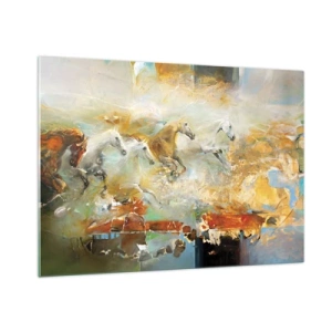 Glasbild - Bild auf glas - Abstrakte Pferde in dynamischer Bewegung - 100x70cm - Im Galopp durch das Licht - Moderne Wanddekoration für Wohnzimmer und Schlafzimmer ARTTOR