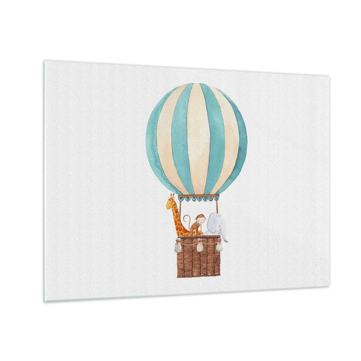 Glasbild - Bild auf glas - Ein Ballon mit einer Giraffe, einem Affen und einem Elefanten auf weißem Hintergrund - 70x50cm - Fantastische Reise - Moderne Wanddekoration für Wohnzimmer und Schlafzimmer ARTTOR